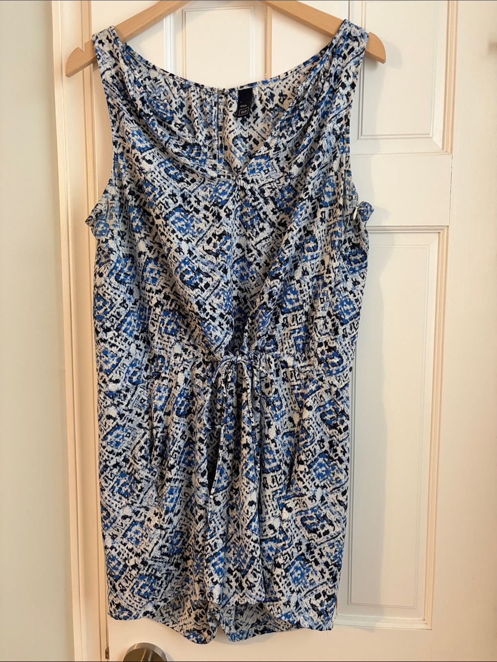Sleeveless Blue Patterned Drawstring Women's Dress
